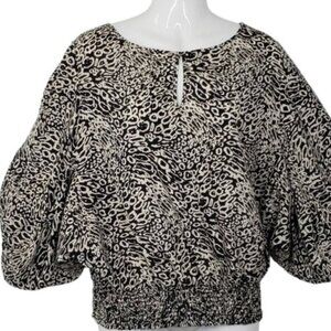 Michael Michael Kors Animal Print Silk Blouse Balloon Sleeve Black White…